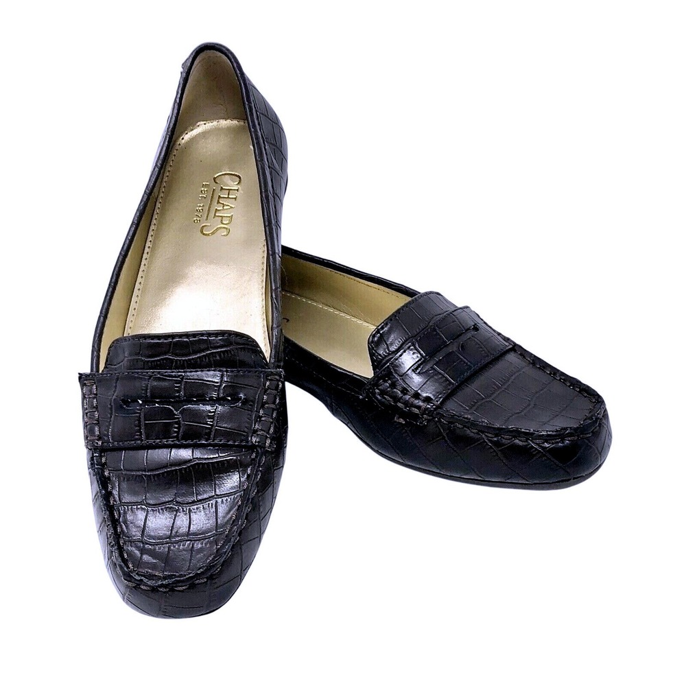 Chaps Black Croc Loafers Womens 8.5B Flats Slip‎ On Career Casual Vegan Leather